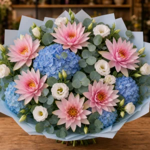 Buchet cu nuferi roz si hortensie albastra - poza 1