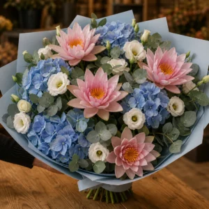 Buchet cu nuferi roz si hortensie albastra - poza 2