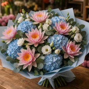 Buchet cu nuferi roz si hortensie albastra - poza 3