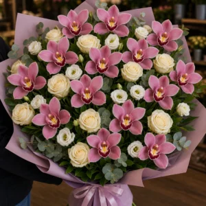 Buchet cu orhidee roz deluxe si trandafiri ivoire - poza 2