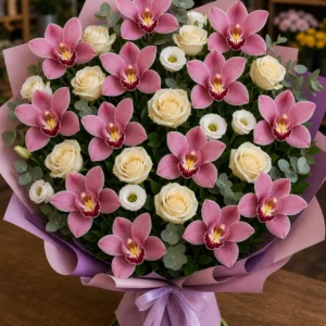 Buchet cu orhidee roz deluxe si trandafiri ivoire - poza 3