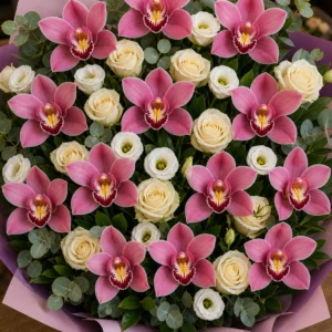 Buchet cu orhidee roz deluxe si trandafiri ivoire - poza 4