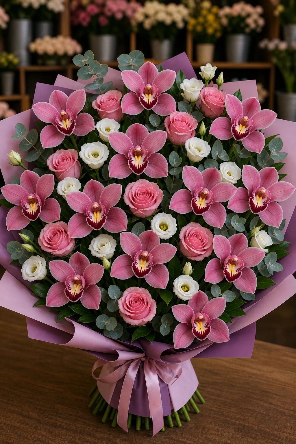 Buchet cu orhidee roz deluxe si trandafiri roz - poza 1