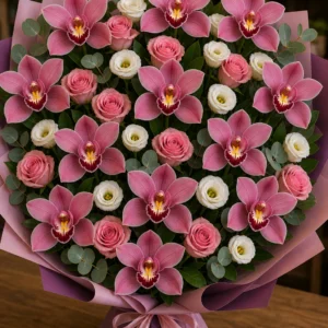 Buchet cu orhidee roz deluxe si trandafiri roz - poza 2