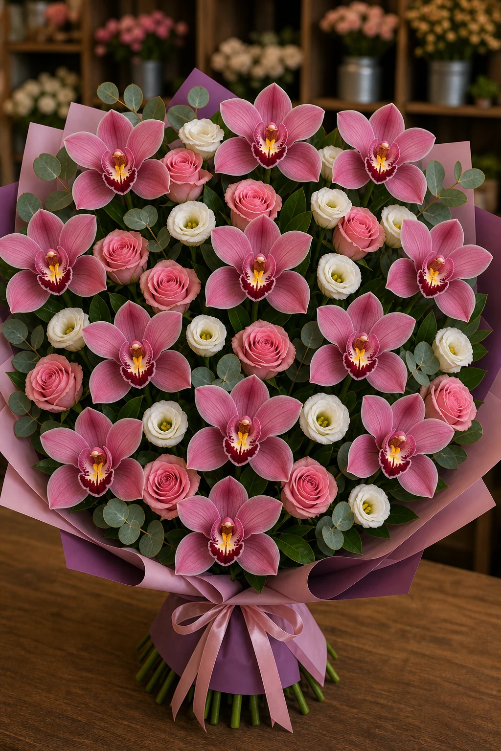 Buchet cu orhidee roz deluxe si trandafiri roz - poza 2