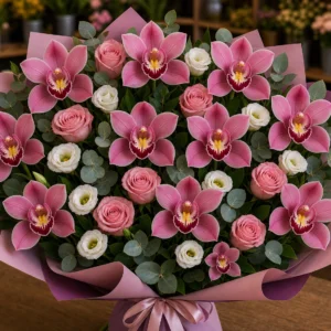 Buchet cu orhidee roz deluxe si trandafiri roz - poza 3