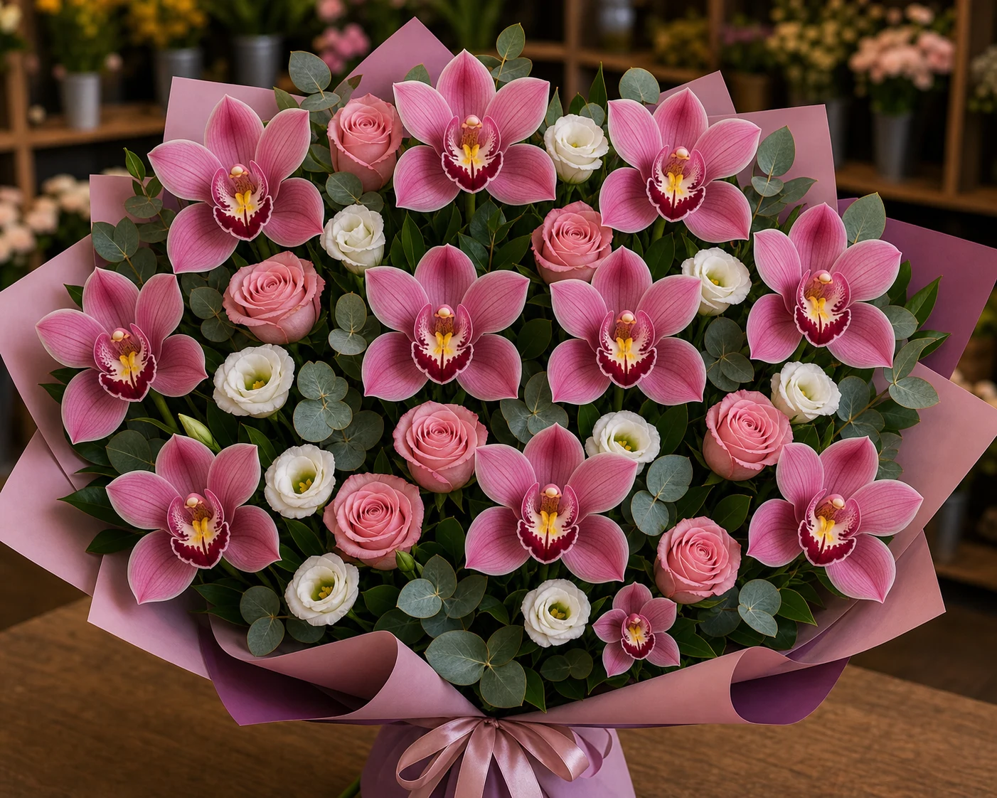 Buchet cu orhidee roz deluxe si trandafiri roz - poza 3