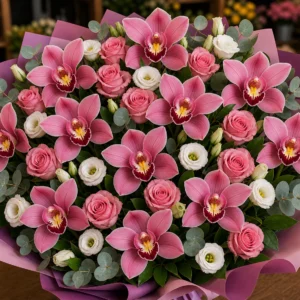 Buchet cu orhidee roz deluxe si trandafiri roz - poza 4