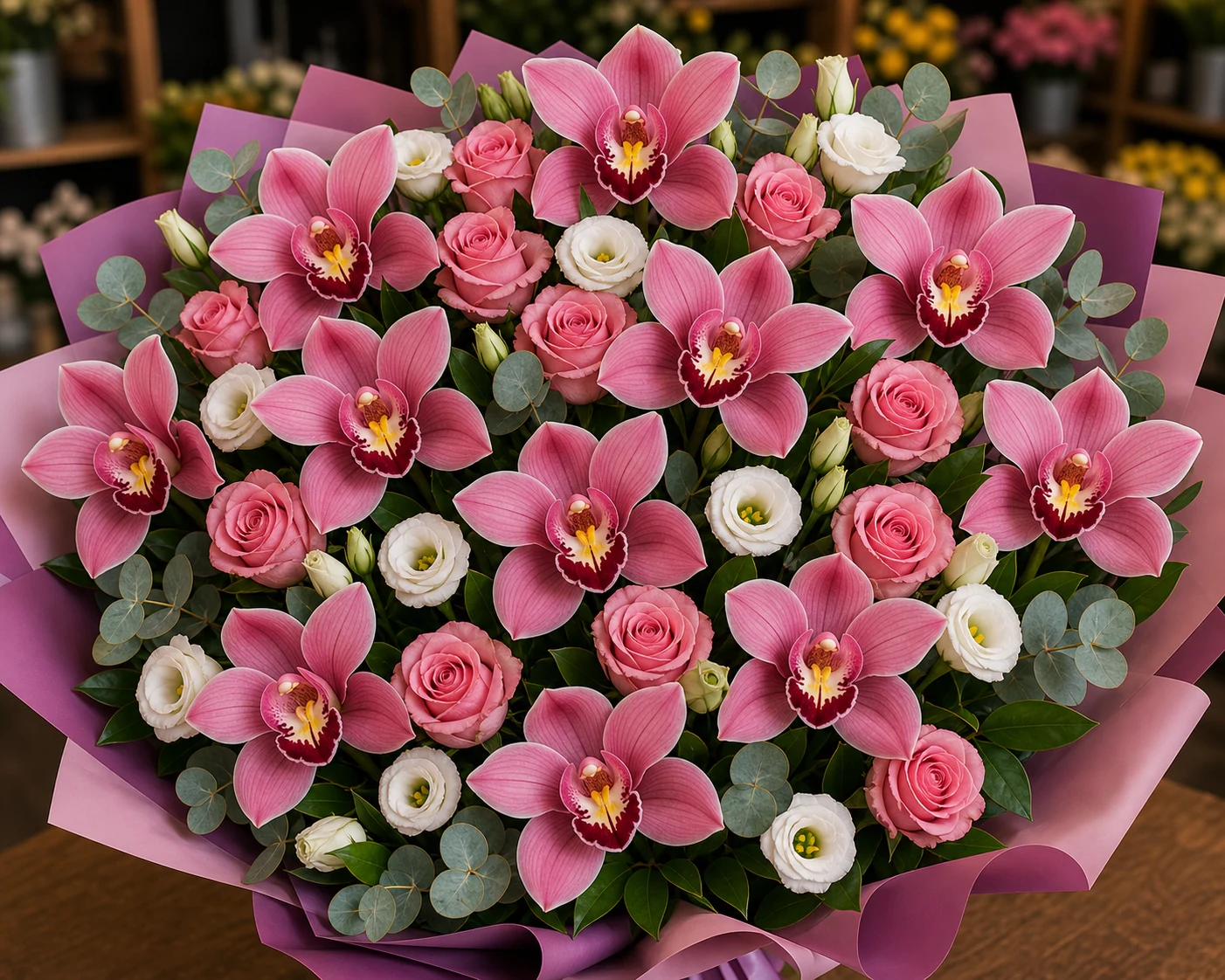 Buchet cu orhidee roz deluxe si trandafiri roz - poza 4