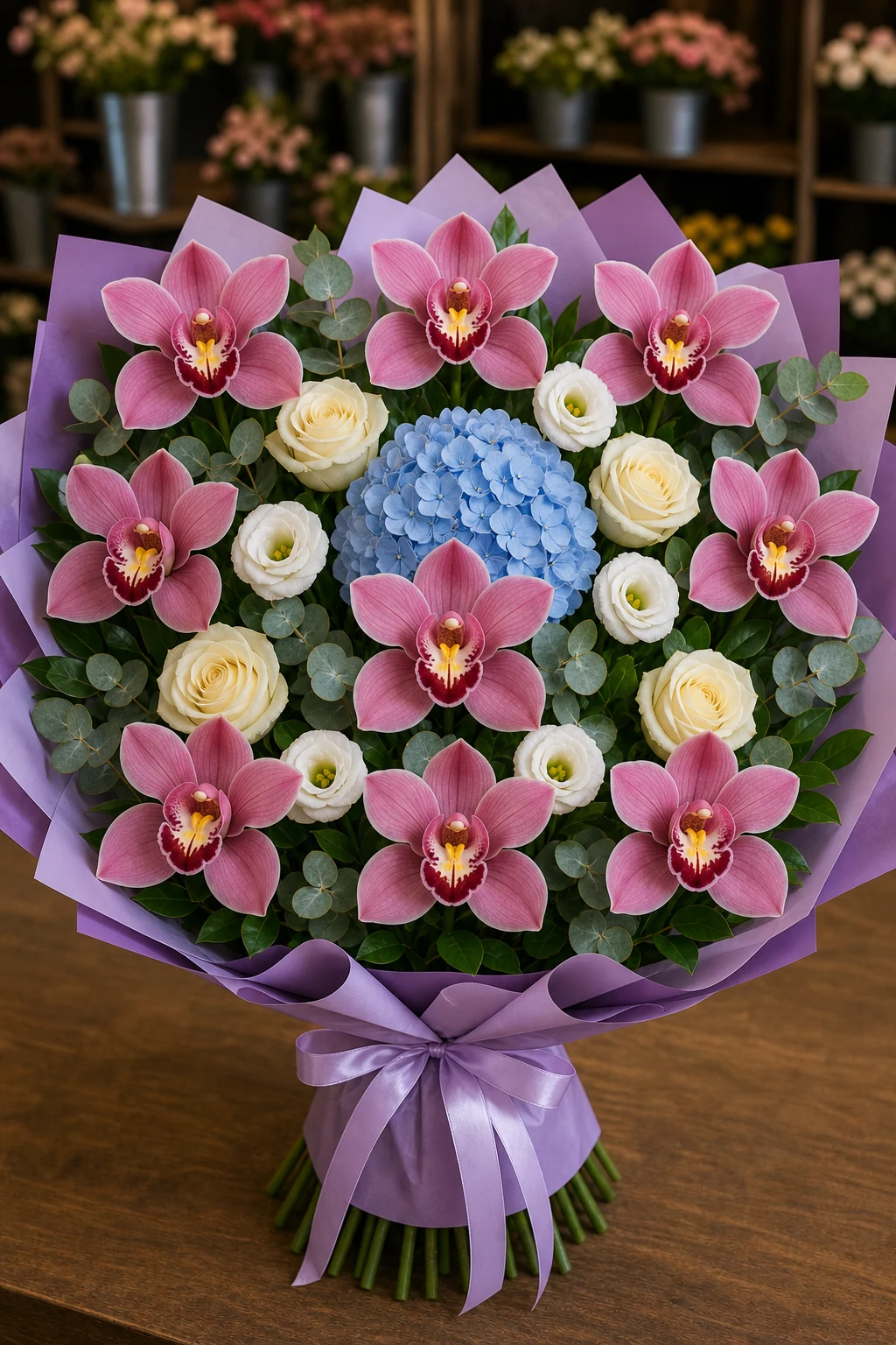 Buchet cu orhidee roz premium si hortensie bleu - poza 1