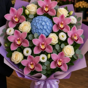 Buchet cu orhidee roz premium si hortensie bleu - poza 2