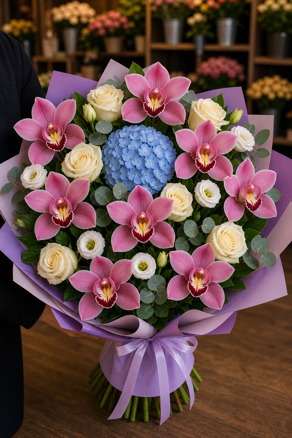 Buchet cu orhidee roz premium si hortensie bleu - poza 2