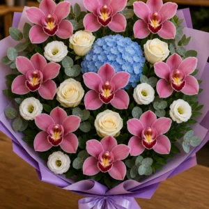 Buchet cu orhidee roz premium si hortensie bleu - poza 3