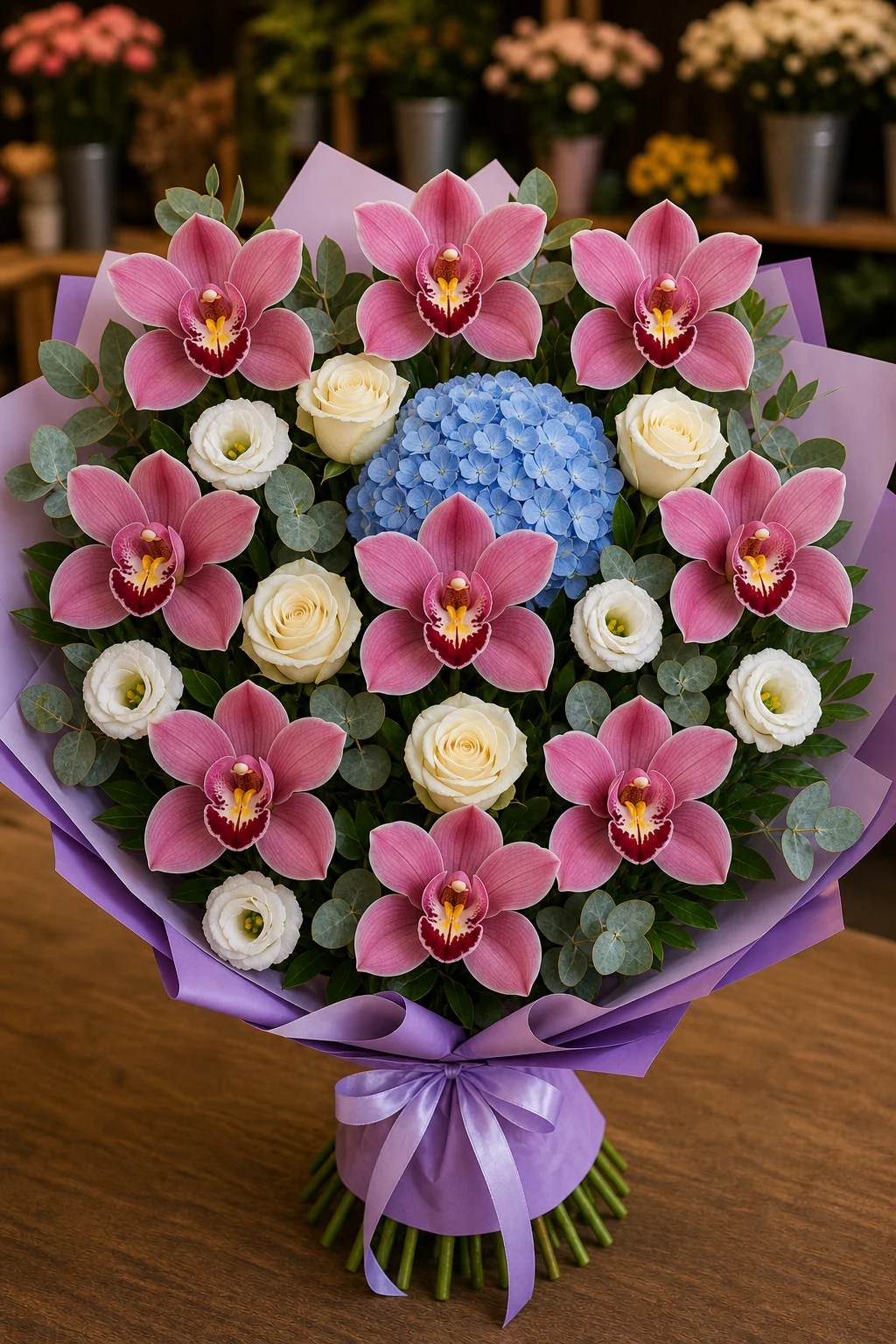 Buchet cu orhidee roz premium si hortensie bleu - poza 3