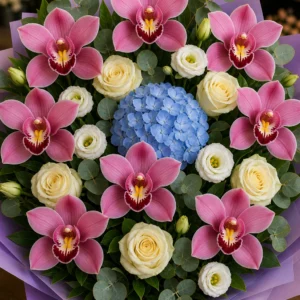 Buchet cu orhidee roz premium si hortensie bleu - poza 4