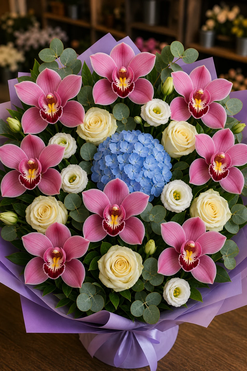 Buchet cu orhidee roz premium si hortensie bleu - poza 4