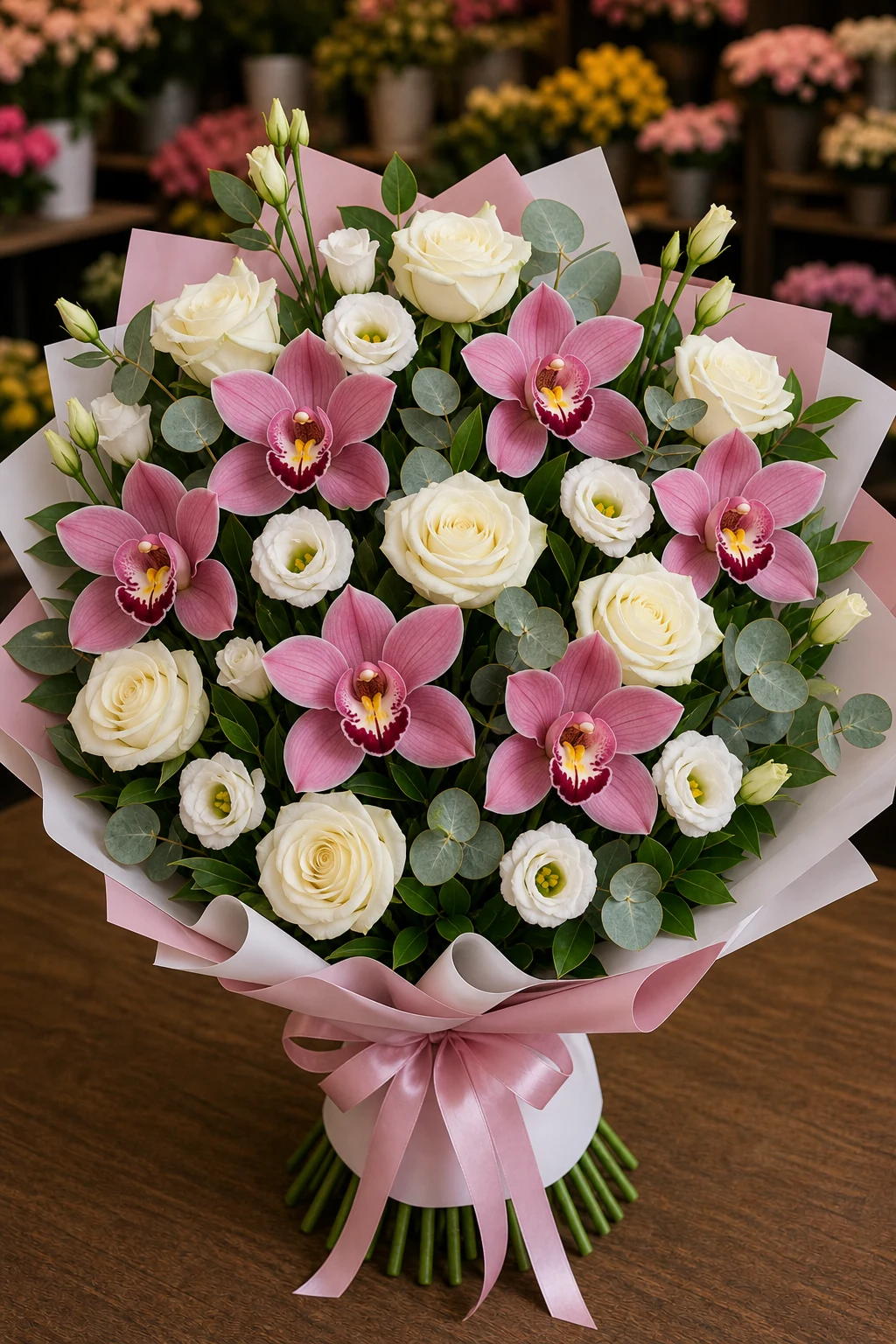Buchet cu orhidee roz premium si trandafiri albi - poza 1