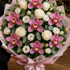 Buchet cu orhidee roz premium si trandafiri albi - poza 2