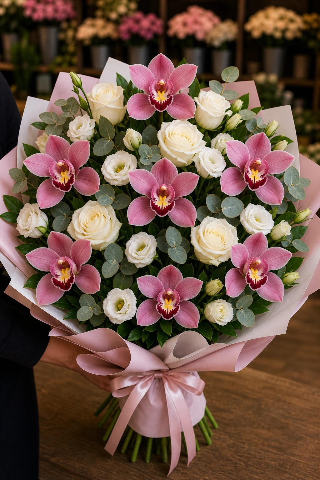 Buchet cu orhidee roz premium si trandafiri albi - poza 2
