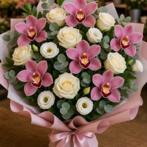 Buchet cu orhidee roz premium si trandafiri albi - poza 3