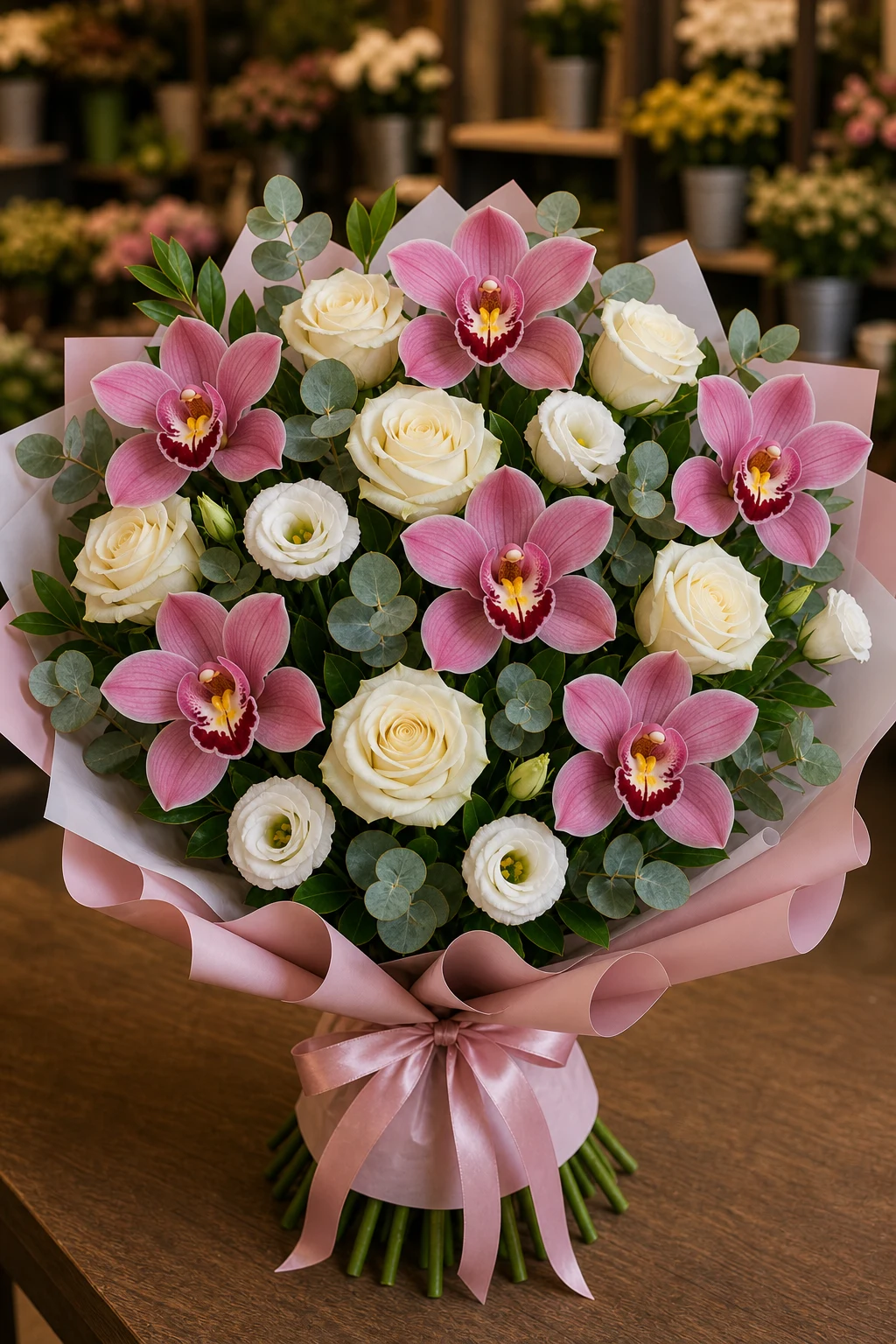 Buchet cu orhidee roz premium si trandafiri albi - poza 3