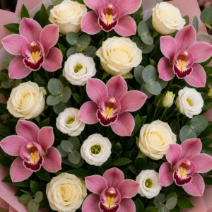 Buchet cu orhidee roz premium si trandafiri albi - poza 4