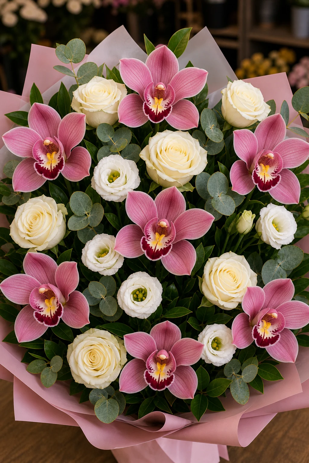 Buchet cu orhidee roz premium si trandafiri albi - poza 4