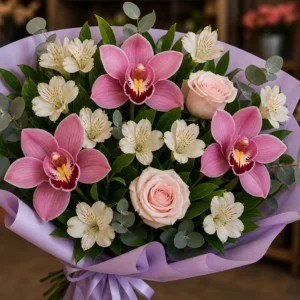 Buchet cu orhidee roz si alstroemeria alba - poza 2
