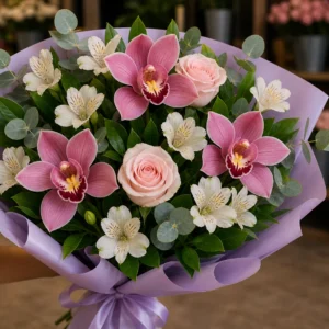 Buchet cu orhidee roz si alstroemeria alba - poza 3