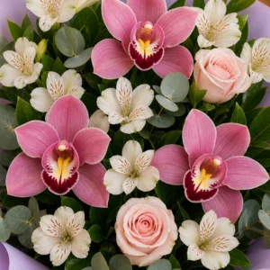 Buchet cu orhidee roz si alstroemeria alba - poza 4