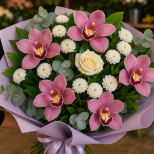 Buchet cu orhidee roz si crizanteme albe - poza 2