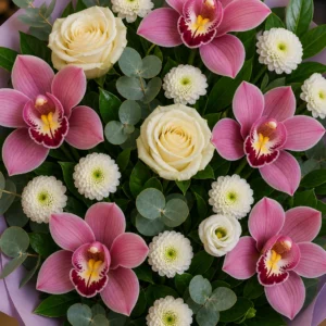 Buchet cu orhidee roz si crizanteme albe - poza 4