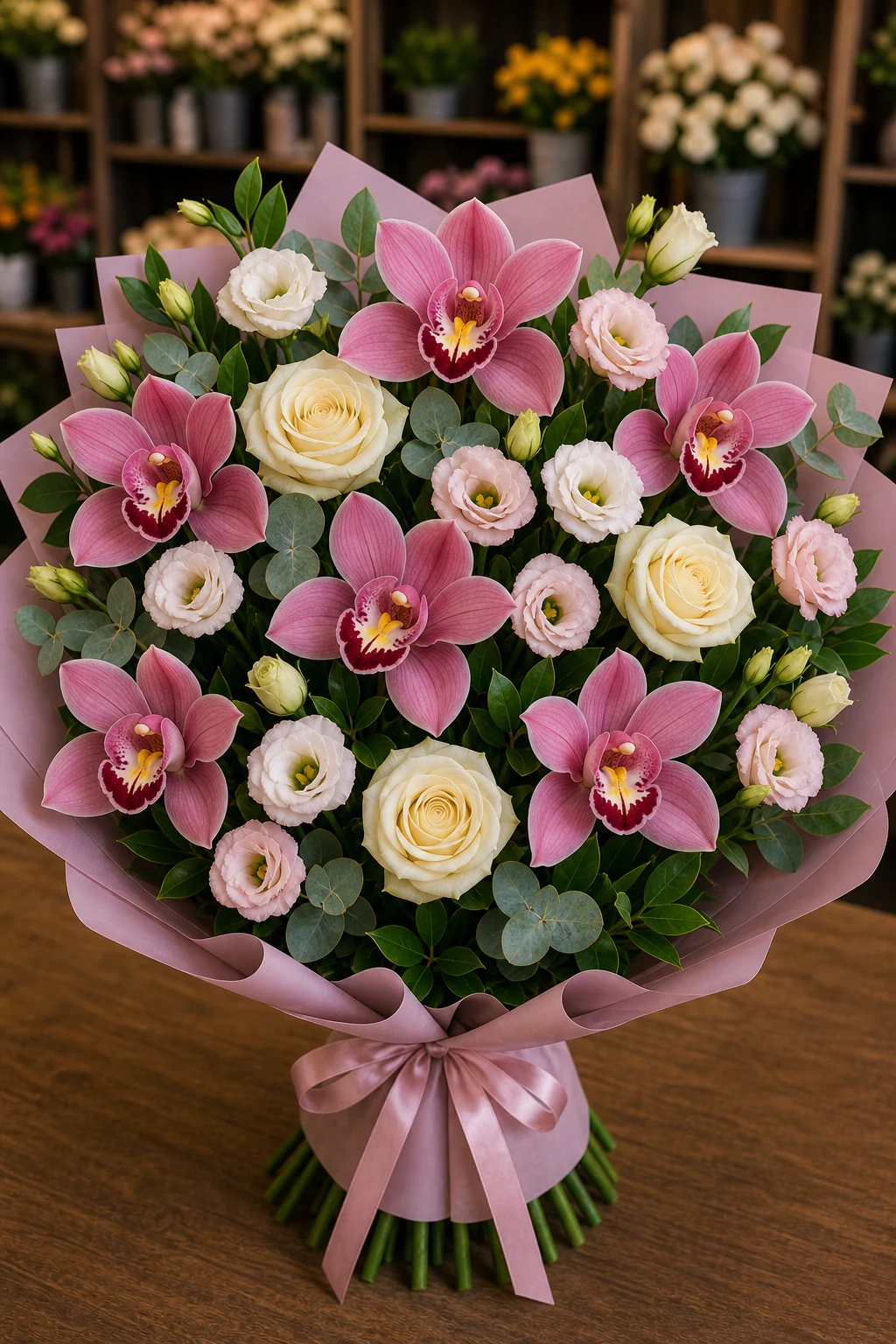 Buchet cu orhidee roz si eustoma pastel - poza 1