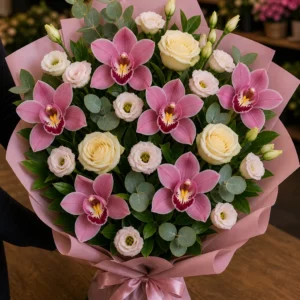 Buchet cu orhidee roz si eustoma pastel - poza 2