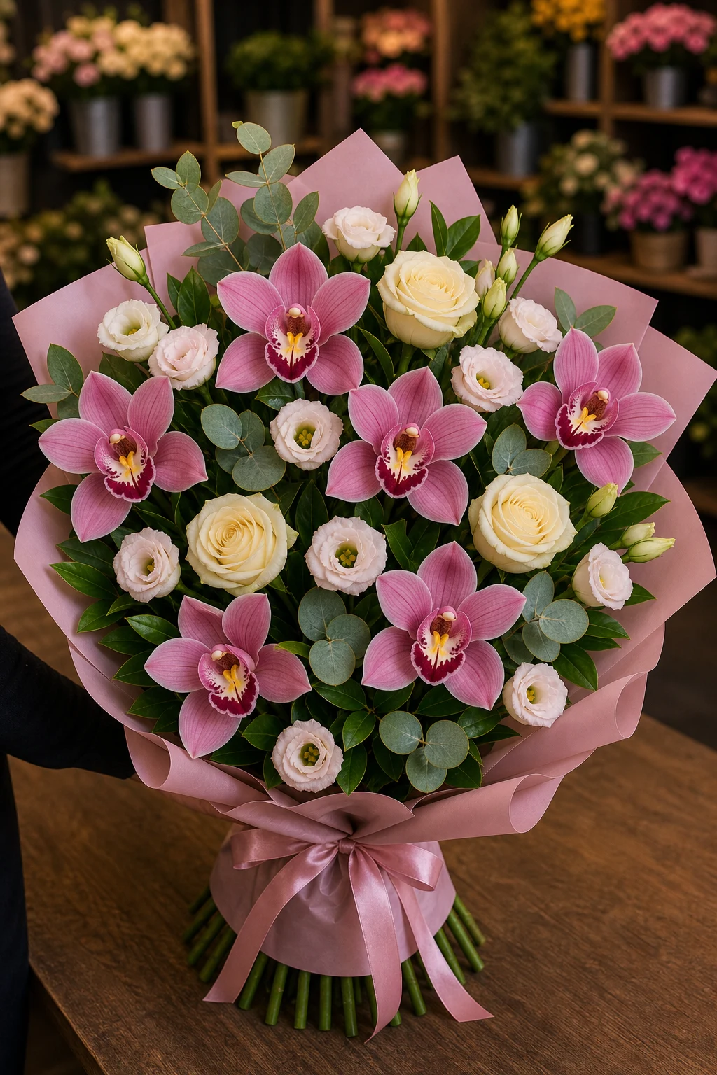 Buchet cu orhidee roz si eustoma pastel - poza 2