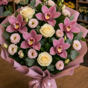 Buchet cu orhidee roz si eustoma pastel - poza 3