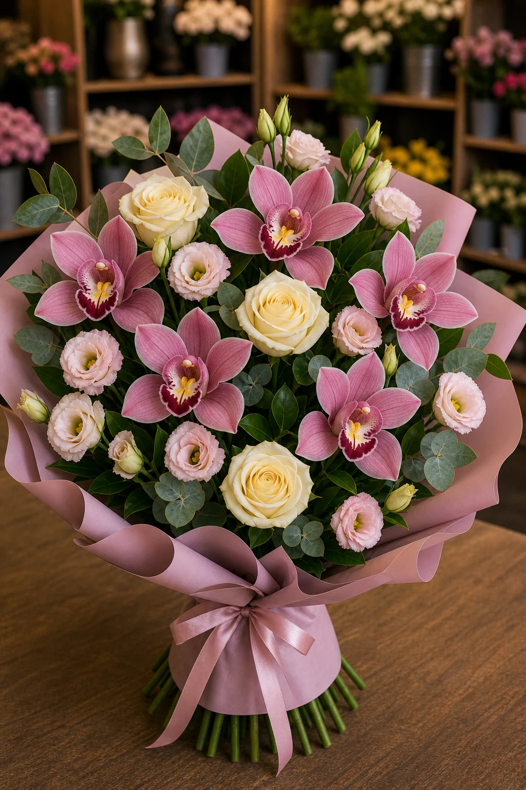 Buchet cu orhidee roz si eustoma pastel - poza 3