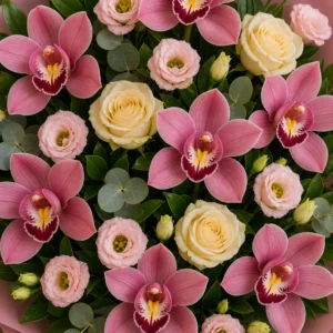 Buchet cu orhidee roz si eustoma pastel - poza 4