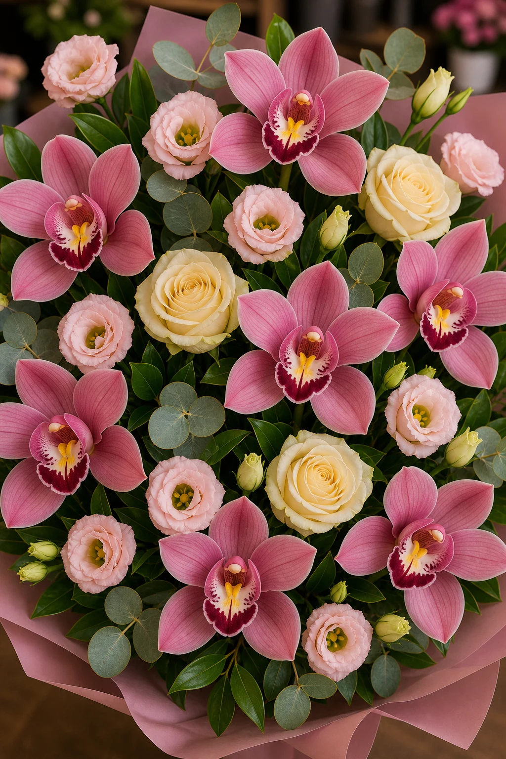 Buchet cu orhidee roz si eustoma pastel - poza 4