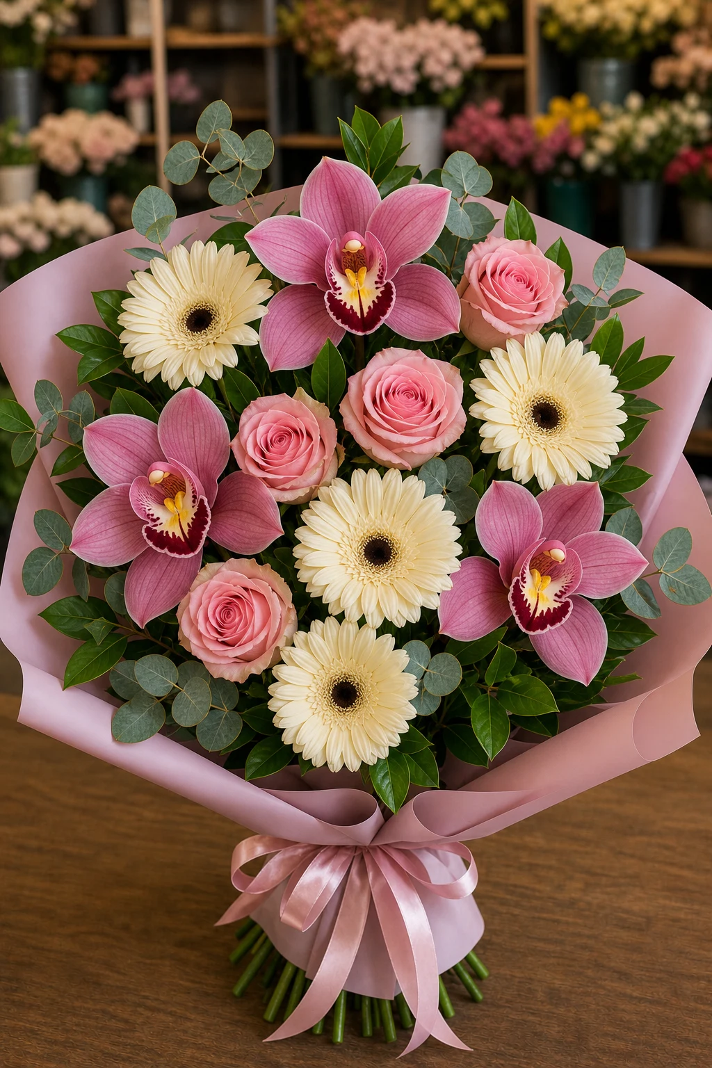 Buchet cu orhidee roz si gerbera crem - poza 1