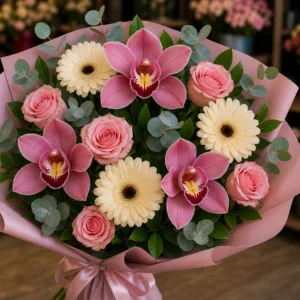 Buchet cu orhidee roz si gerbera crem - poza 2
