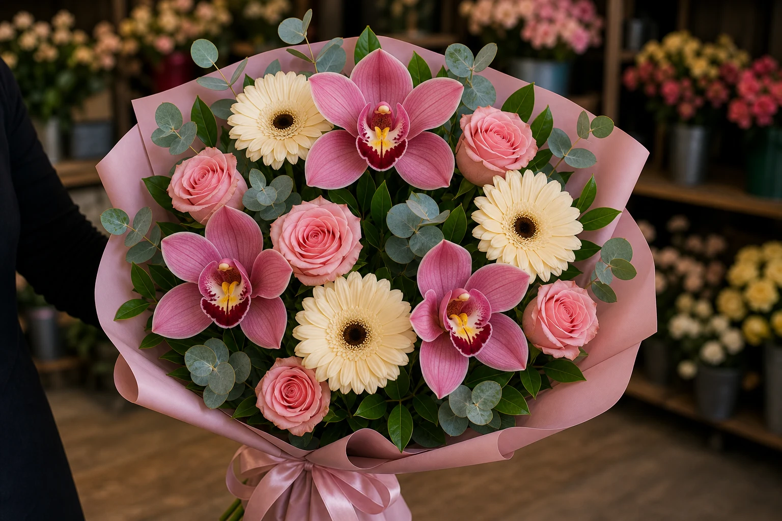 Buchet cu orhidee roz si gerbera crem - poza 2