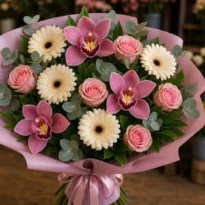 Buchet cu orhidee roz si gerbera crem - poza 3