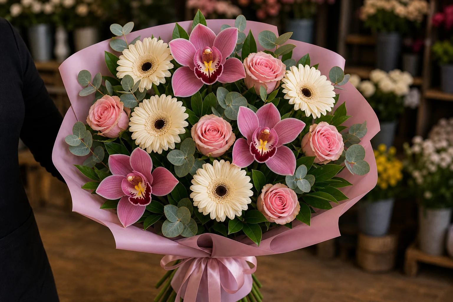 Buchet cu orhidee roz si gerbera crem - poza 3