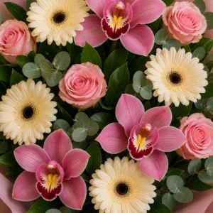Buchet cu orhidee roz si gerbera crem - poza 4