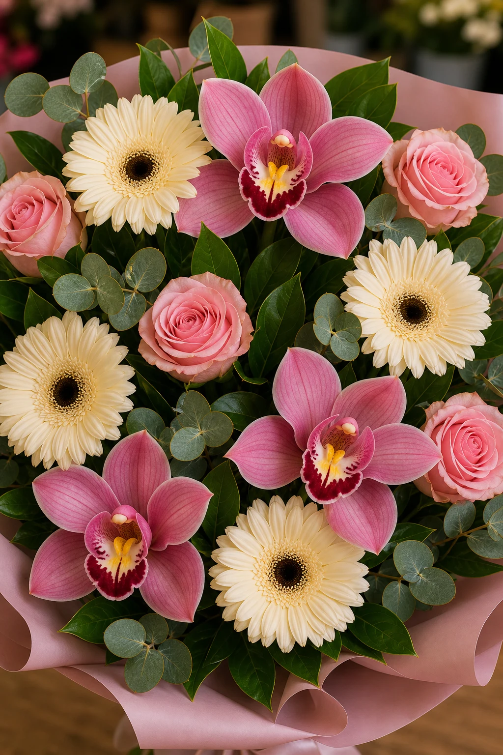 Buchet cu orhidee roz si gerbera crem - poza 4