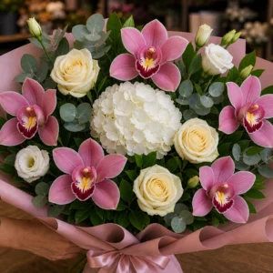 Buchet cu orhidee roz si hortensie alba - poza 2