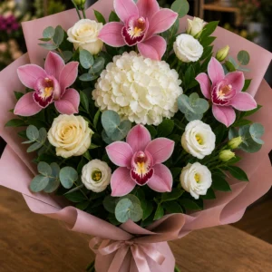 Buchet cu orhidee roz si hortensie alba - poza 3