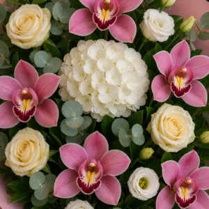 Buchet cu orhidee roz si hortensie alba - poza 4