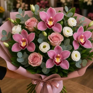 Buchet cu orhidee roz si lisianthus alb - poza 2